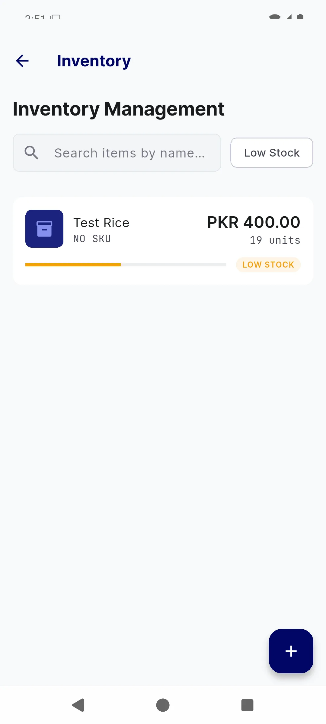 BMS Mobile inventory list showing Test Rice at PKR 400 with 19 units and a low-stock warning