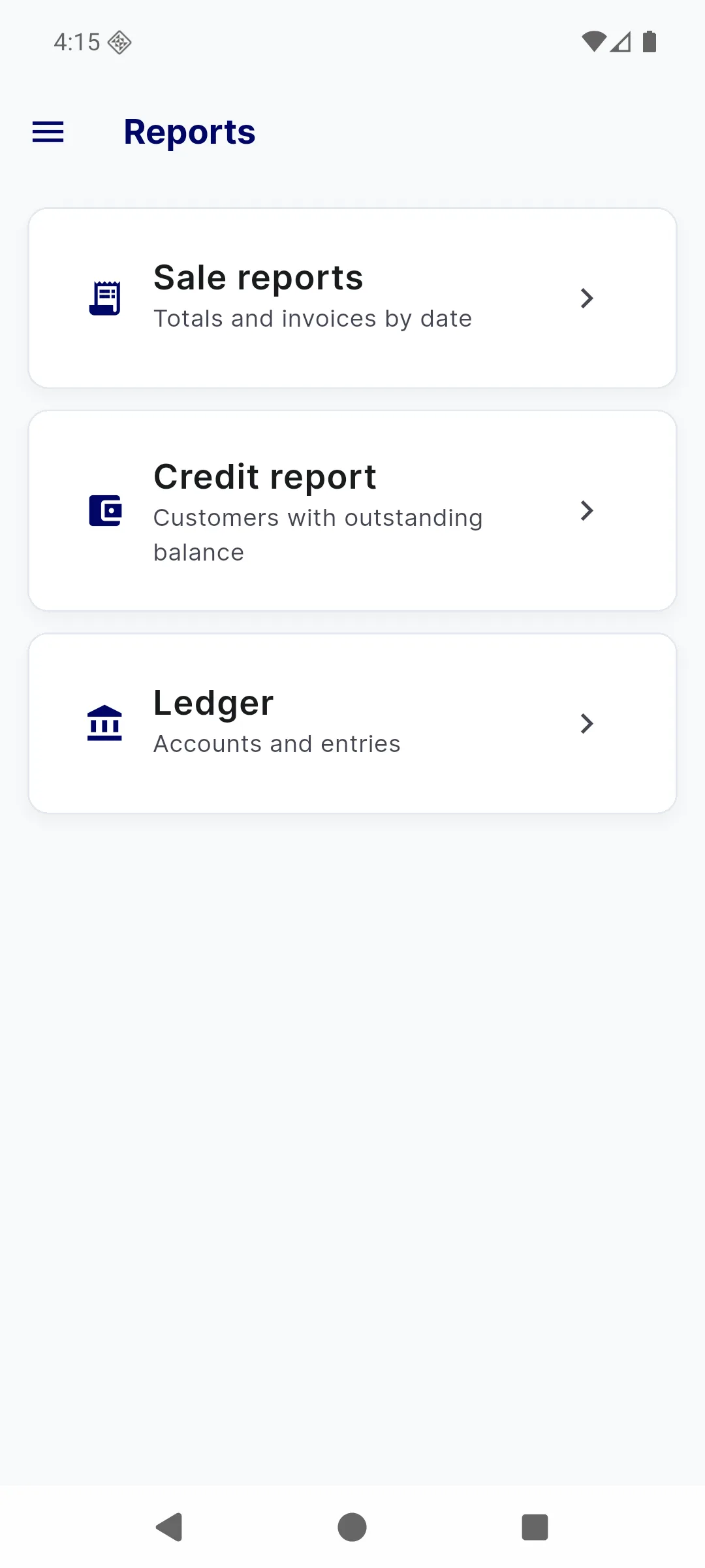 BMS Mobile reports menu showing sale reports, credit report and ledger