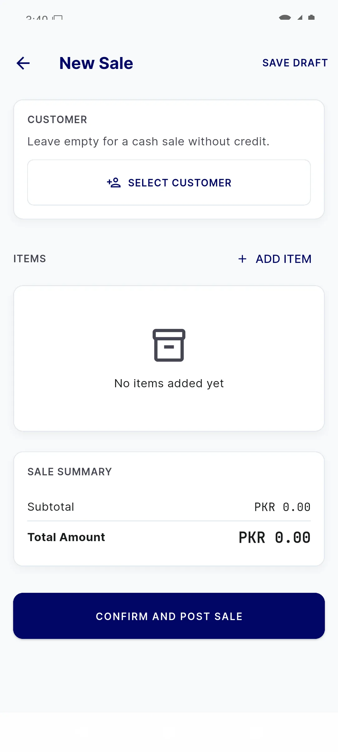 BMS Mobile sale counter with customer selection, items and a PKR total
