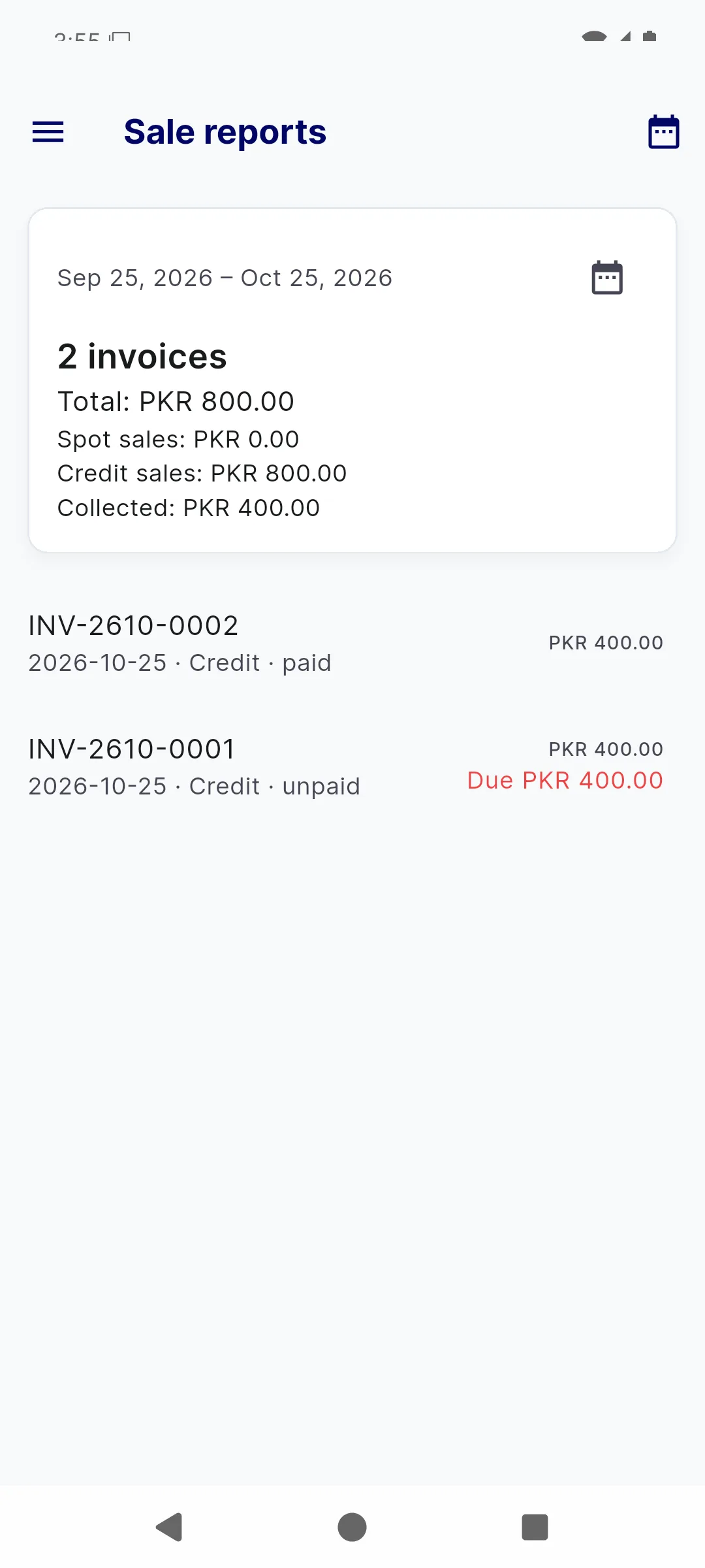 BMS Mobile sale reports showing 2 invoices totalling PKR 800 for the last month